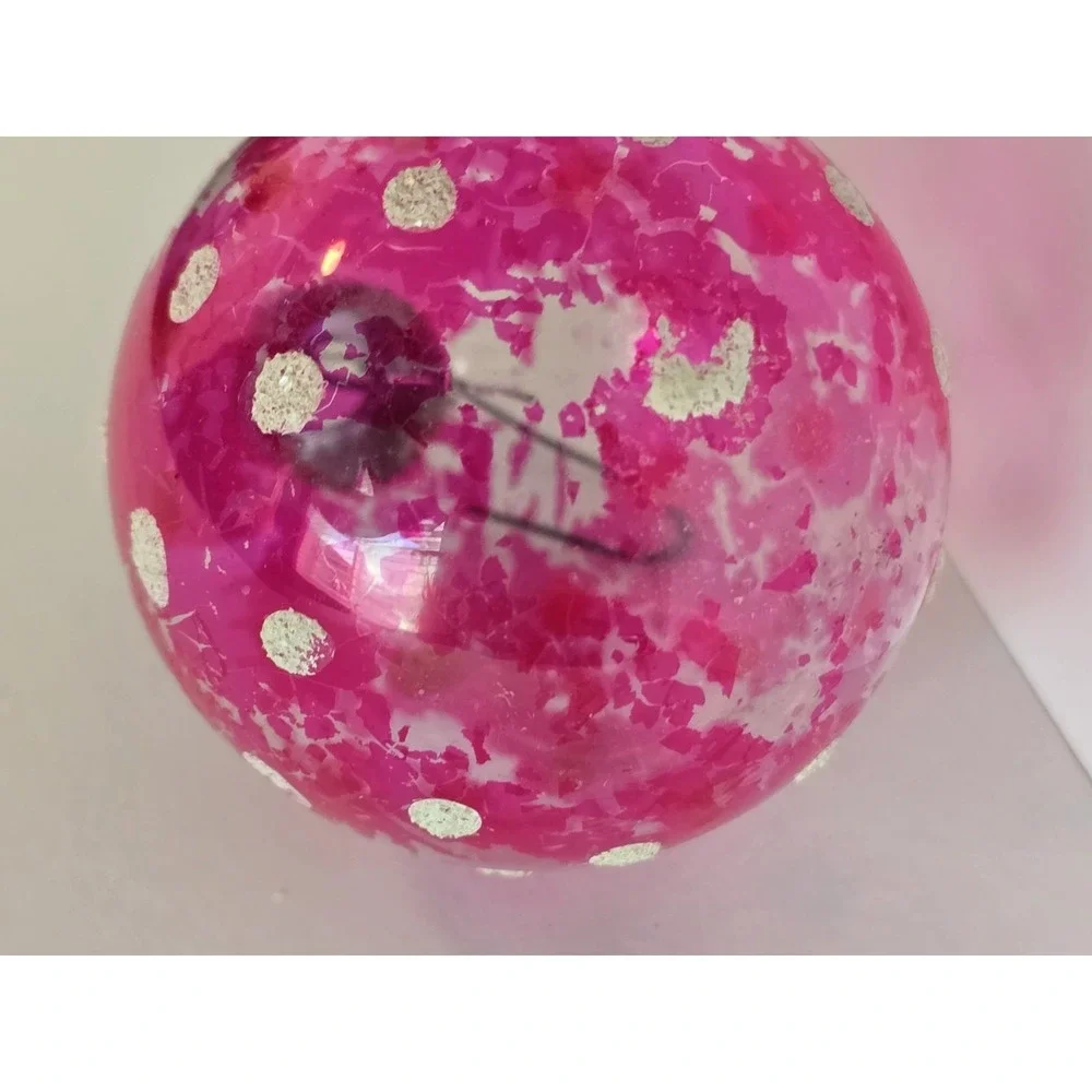 Vtg Shiny Brite Pink White Flocked UNSILVERED glass CHRISTMAS ORNAMENT Polkadot